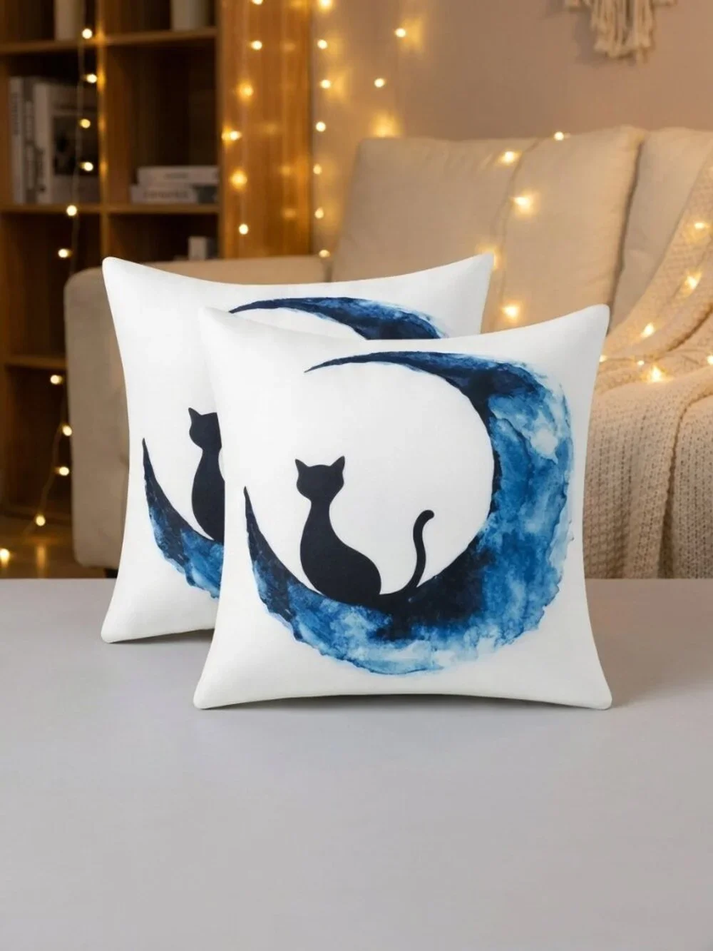 Set 2 Black Cat Blue Moon Pillow Covers 18x18 Halloween Fall Spooky Chic